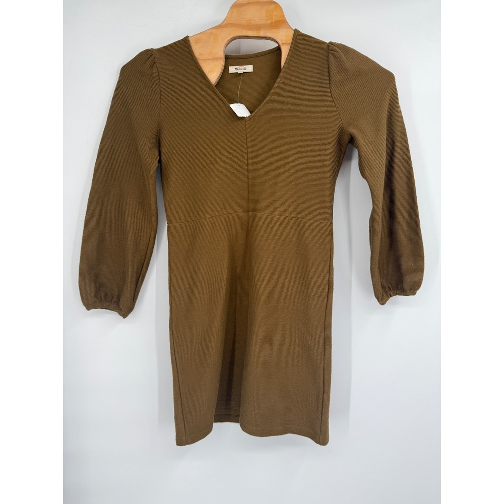 Madewell Dress Texture & Thread Ribbed Balloon Sleeve Brown/Olive Sz S NWT